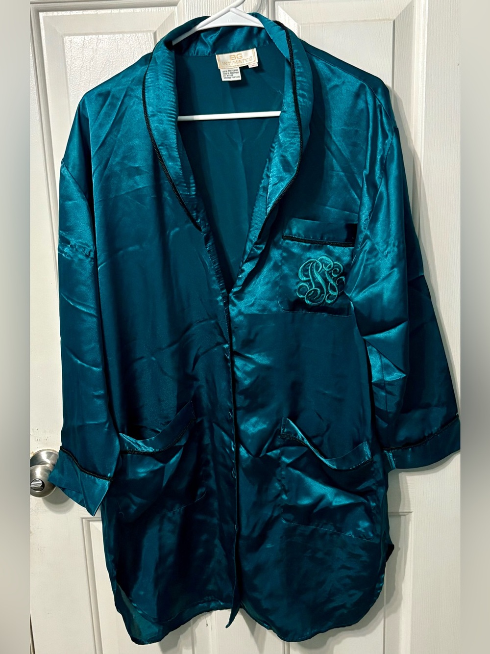 Silky Teal Satin Women's Robe with Monogram Detail